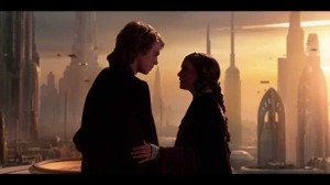 Anakin and Padme silhouetted against city