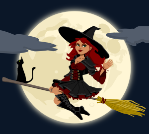 Redheaded cartoon witch on broomstick
