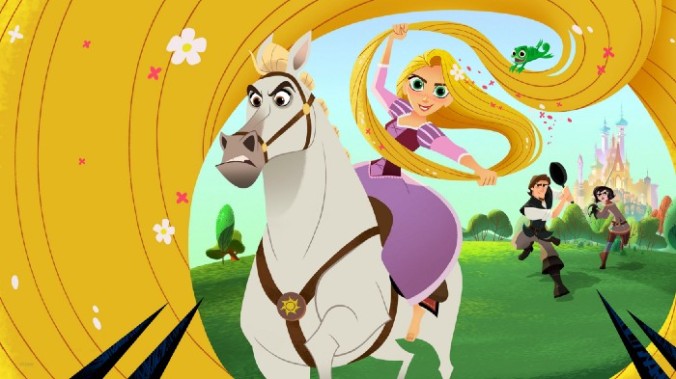 Rapunzel on horseback, brandishing hair
