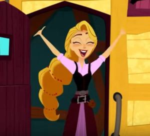 Rapunzel leaps from the caravan